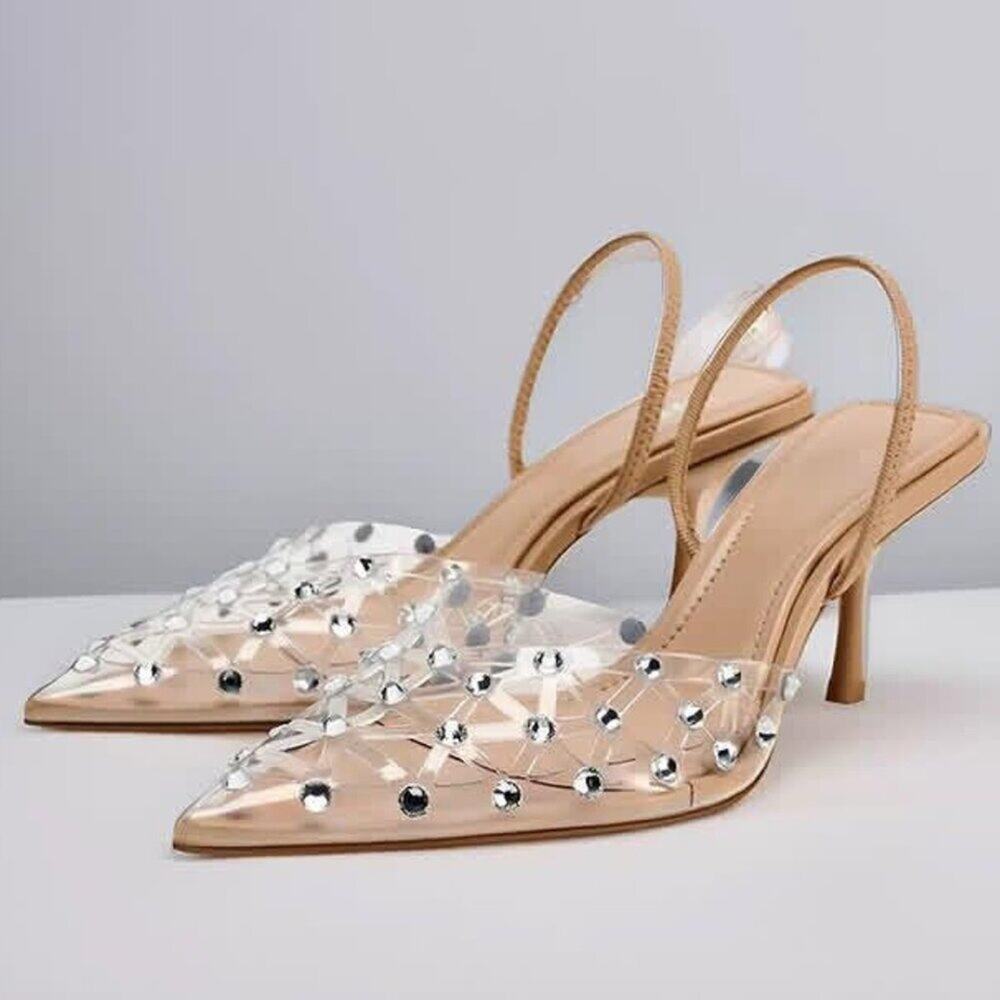 ZARA Rhinestone Slingback Heels NWT Clear Vinyl Pointed Toe Bridal Shoes Size 8 - Picture 14 of 16